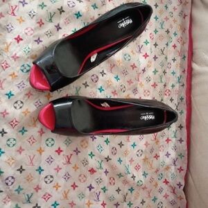 Mango Black Peep-Toe Heels with Pink Toe Accent
